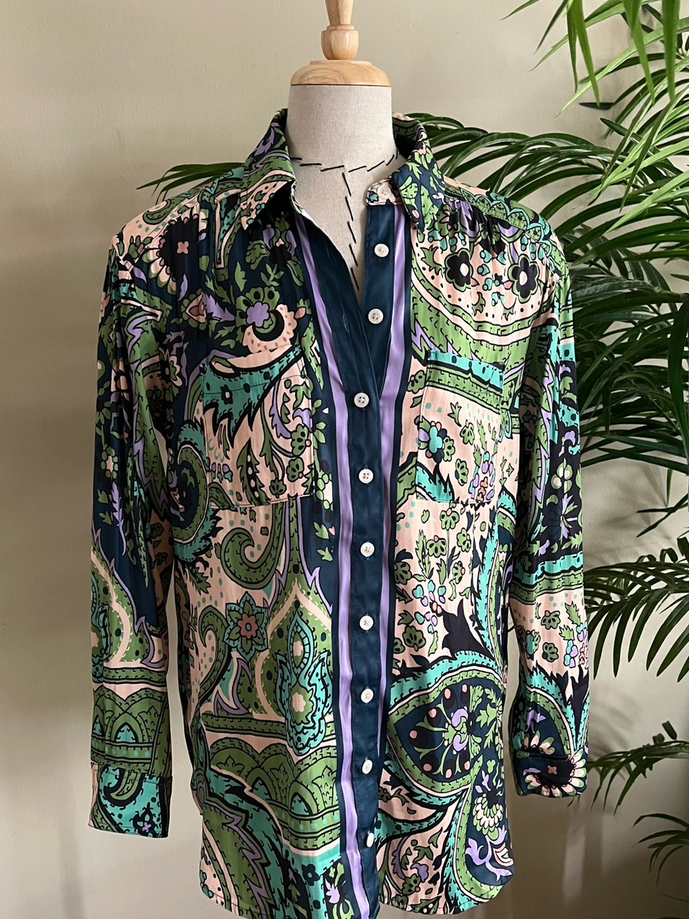 Anthropologie Paisley Button-Down Shirt in Navy, Green & Cream